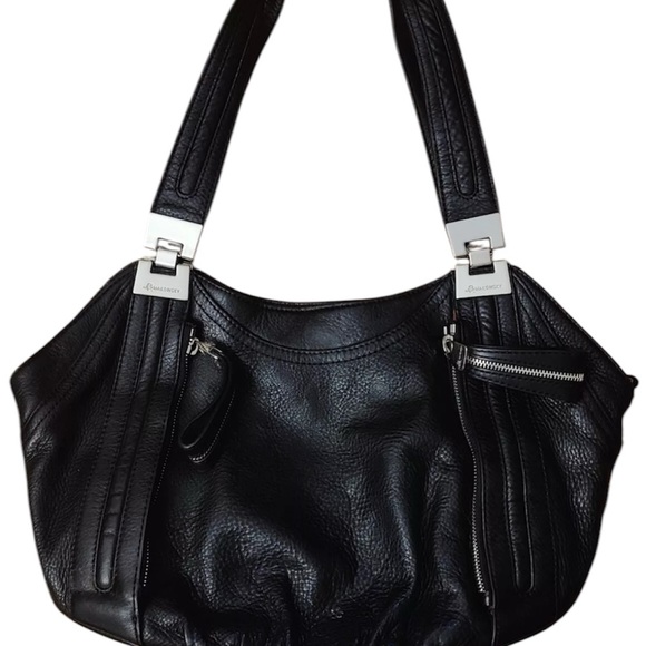 B Mackowsky Black Leather Tote/Shoulder Bag Silver Hardware Pockets Charm LN - Picture 2 of 12